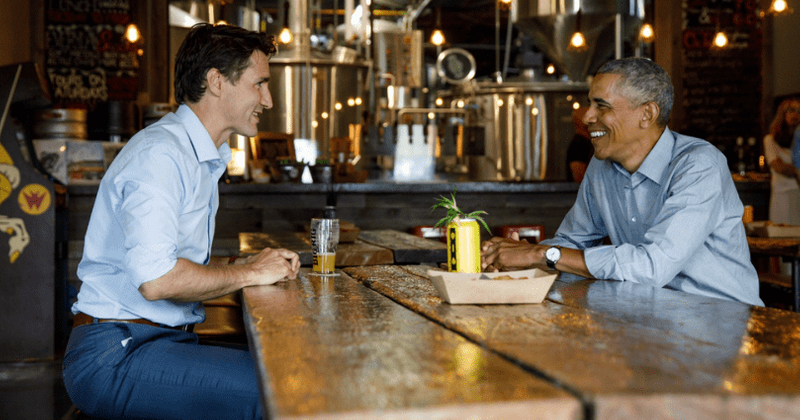 Barack Obama and Justin Trudeau pictured enjoying beer and 'catching up' at a brewery in Ottawa
