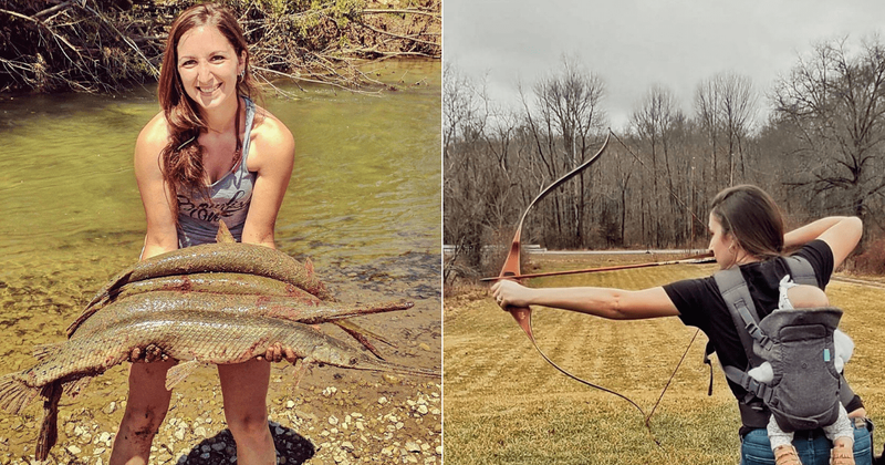Huntress mom straps 9-month-old daughter to her back and takes her on expeditions while she kills animals with bow and arrow
