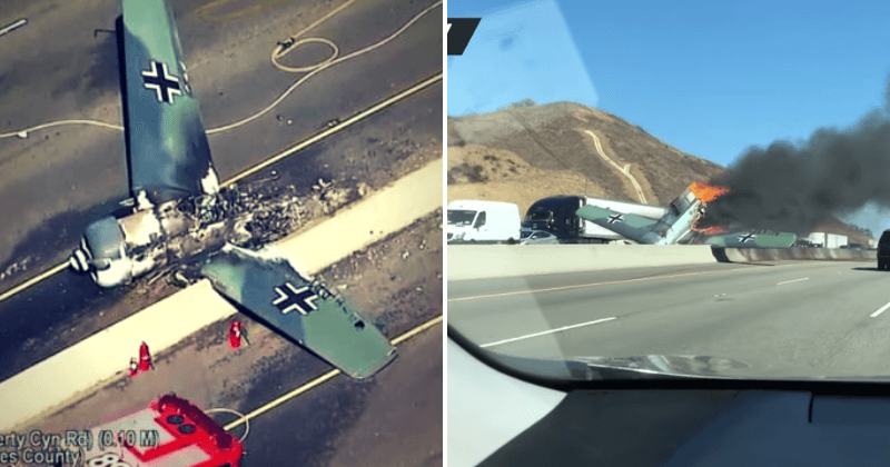 Motorists horrified as 'Nazi plane' suffers engine failure, crash lands on freeway and bursts into flames