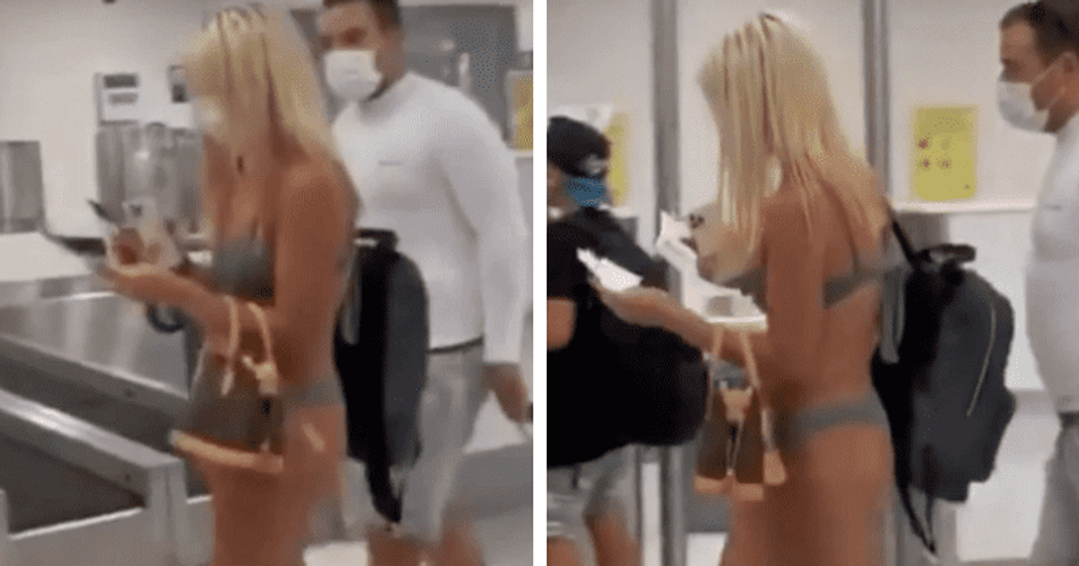 Viral video shows woman in Miami airport wearing ONLY green bikini and face mask