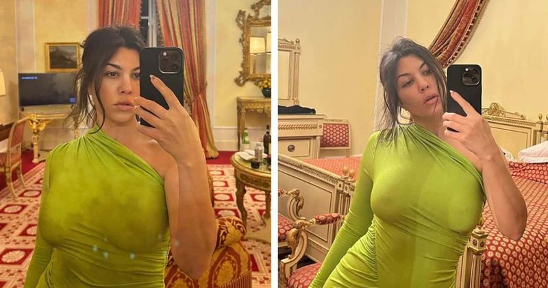 Kourtney Kardashian goes BRALESS and flaunts her curves in tight green outfit amid pregnancy rumors