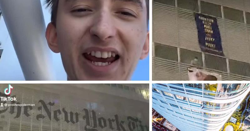 Maison DesChamps: 'Pro-life spiderman' climbs New York Times building to protest against abortion