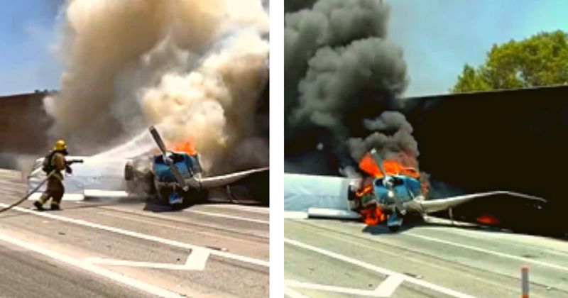 Terrifying video shows plane CRASH LANDING on California roadway and erupt into flames