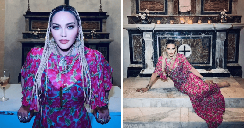 Madonna sets tongues wagging as she poses barefoot in front of an altar