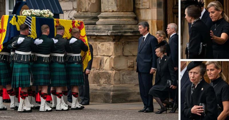 Sophie Wessex comforts visibly distraught Princess Anne as Queen Elizabeth's coffin arrives in Edinburgh