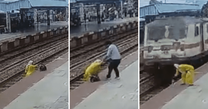 Shocking CCTV clip shows woman crossing train tracks dodge death twice as she goes back to pick up bottle