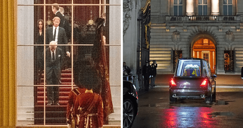 Heartbreaking pic shows King Charles, Prince Harry and Meghan Markle waiting to receive Queen's coffin at Buckingham Palace