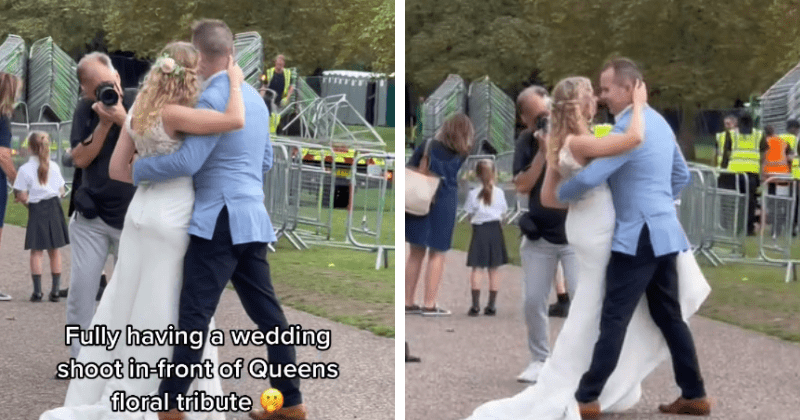 'No respect': Newlyweds slammed for photo shoot near floral tributes to the Queen outside Windsor Castle