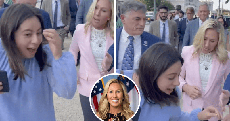 STICKING THE BOOT IN: Video appears to show Marjorie Taylor Greene kicking Gen Z activist TWICE outside US Capitol