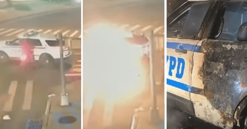 Horrifying moment moped slams into NYPD patrol vehicle and bursts into flames after high-speed chase