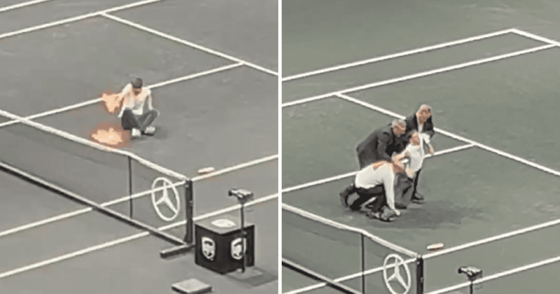 Climate protester with 'end UK private jets' t-shirt interrupts Laver Cup by setting arm ablaze