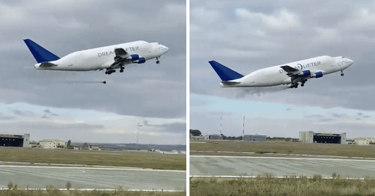 Shocking video shows Boeing Dreamlifter losing its wheel moments after take-off as smoke billows