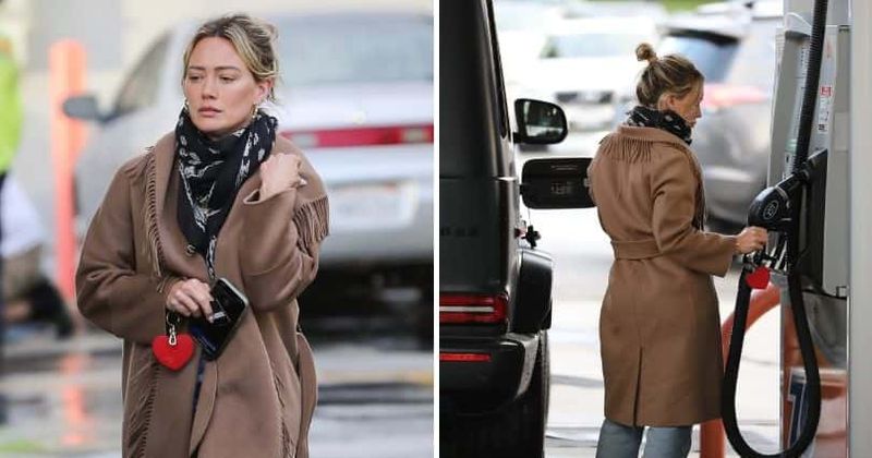 Hilary Duff looks sad as she is spotted filling gas in her Mercedes after tragic death of ex Aaron Carter