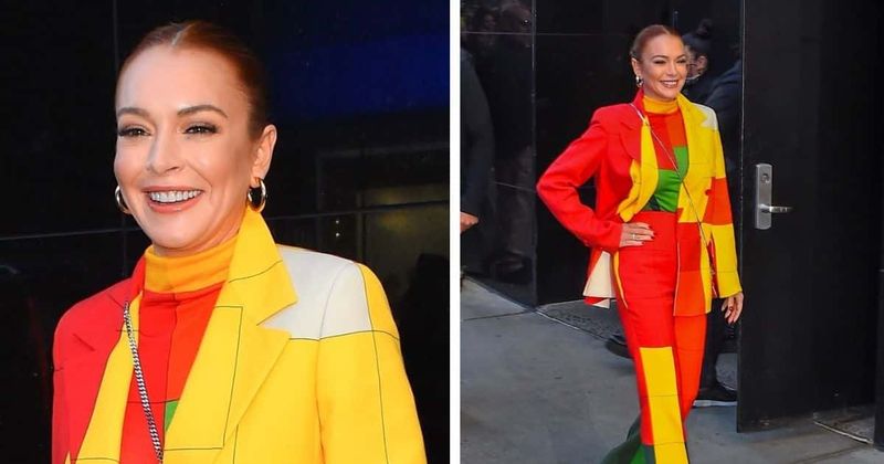 Lindsay Lohan commands attention in multicolor powersuit as she promotes new film in NYC