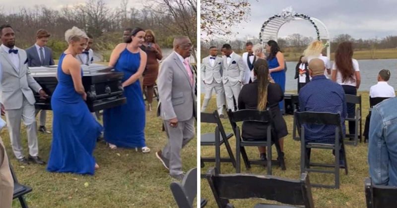 'Cancel the wedding!' Internet slams groom for being carried down the aisle in a coffin by bridesmaids
