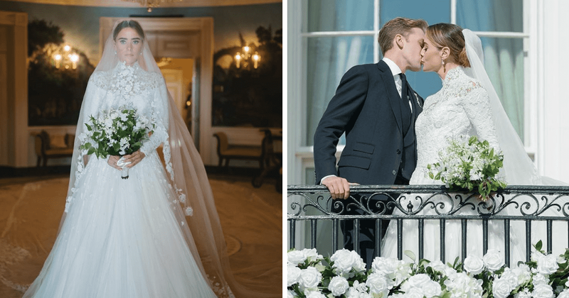 'Vision in white': Naomi Biden dazzles in a custom Ralph Lauren gown with a long veil at her wedding