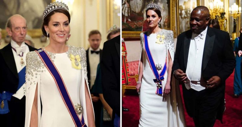 Kate Middleton stuns in white caped gown and Lover's Knot tiara at King Charles' first state banquet