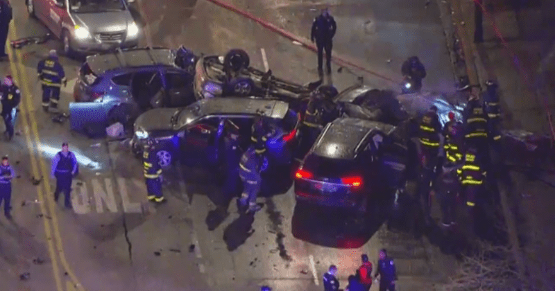 Stolen car crashes into 7 other vehicles, kills 2 and injures 16 before bursting into flames in Chicago