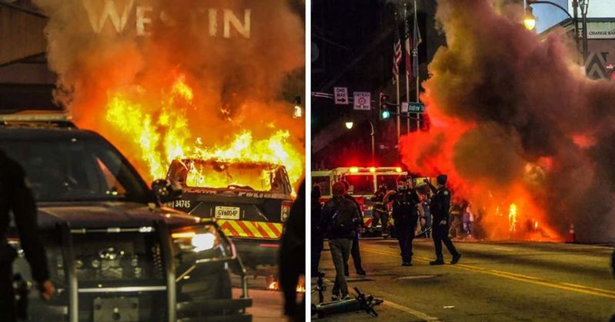 'They aren't protesters, they're thugs': Six arrested in violent 'Night of Rage' as Atlanta burns