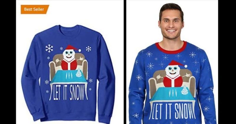 santa sweater with lines of coke